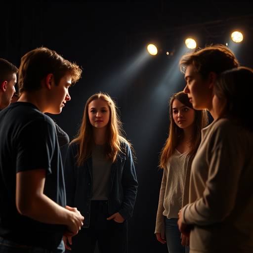 Bilde av en gruppe skuespillerstudenter som deltar i en teaterøvelse for å forbedre samspillet.
